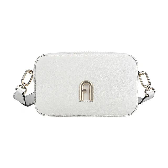 【FURLA 芙拉】FURLA PRIMULA金屬LOGO拱門設計小牛皮拉鍊斜背相機包(迷你/棉花糖白)