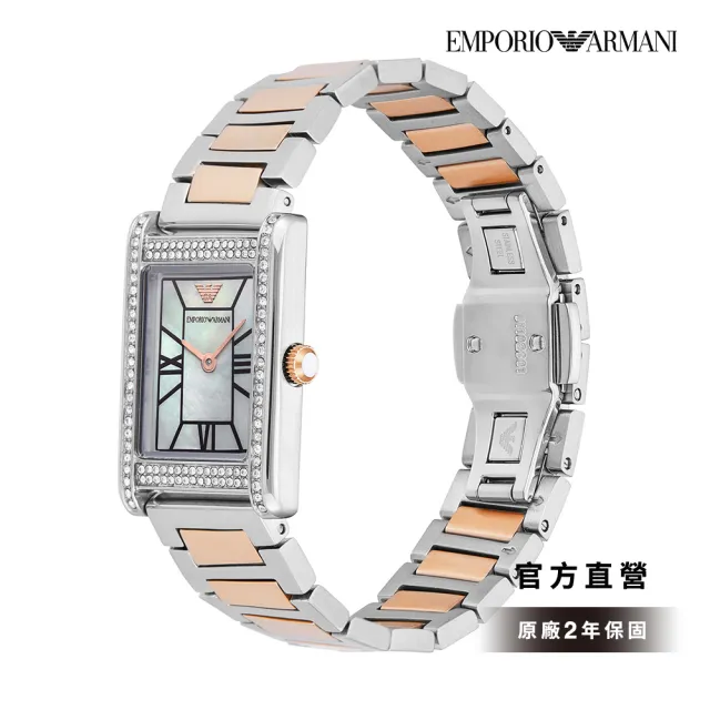 【EMPORIO ARMANI 官方直營】Genni 永恆榮耀環鑽女錶 玫瑰金色x銀色不鏽鋼鍊帶手錶32MM AR11626