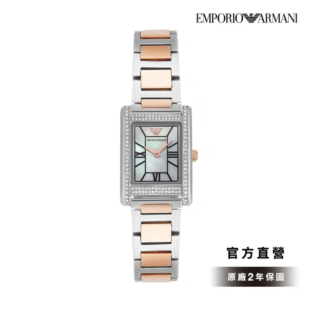 【EMPORIO ARMANI 官方直營】Genni 永恆榮耀環鑽女錶 玫瑰金色x銀色不鏽鋼鍊帶手錶32MM AR11626