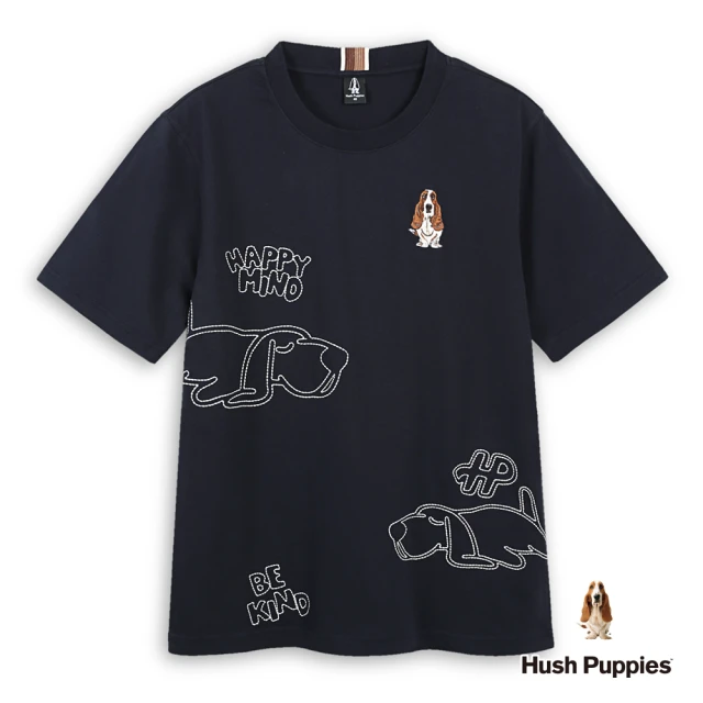 Hush Puppies 男裝 T恤 素色Q版趴趴狗刺繡寬版T恤(丈青 / 44111202)