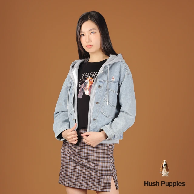 Hush Puppies 女裝 外套 率性假兩件異材質拼接牛仔連帽外套(藍色 / 44217104)