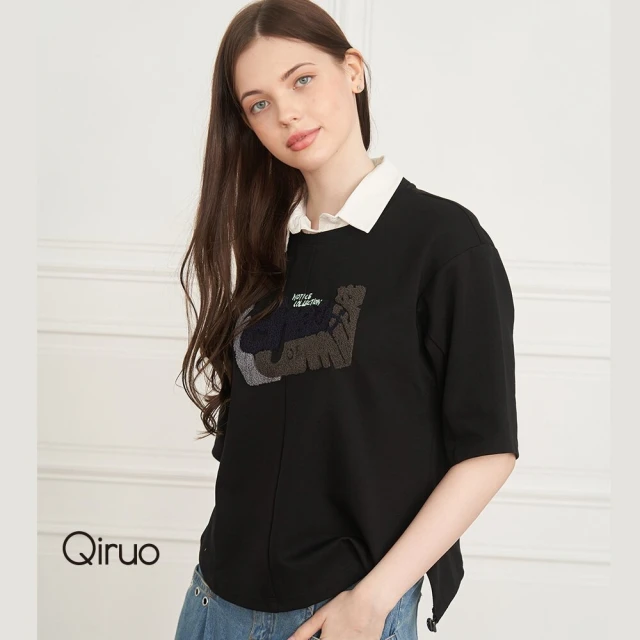 Qiruo 奇若名品 秋冬專櫃黑色上衣8160A 襯衫領個性設計(M-2XL)