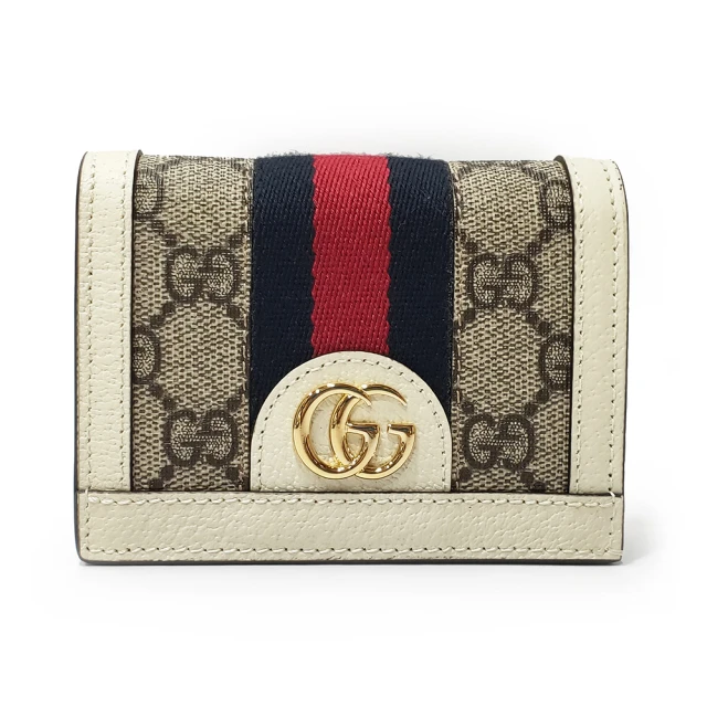 GUCCI 古馳 523155 經典Ophidia GG印花帆布牛皮飾邊暗釦卡夾/零錢包(全新展示品-白色)