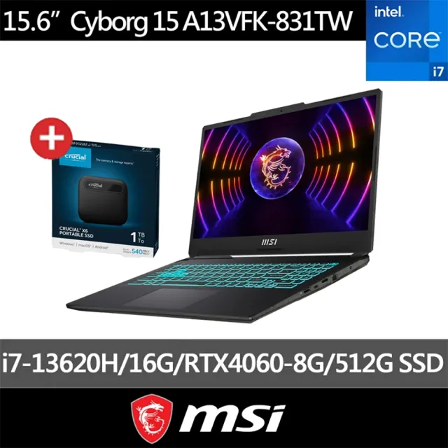 1T外接硬碟組★【MSI 】15.6吋i7 RTX4060-8G 電競筆電(Cyborg 15/i7-13620H/16G/512G SSD/W11/831TW)