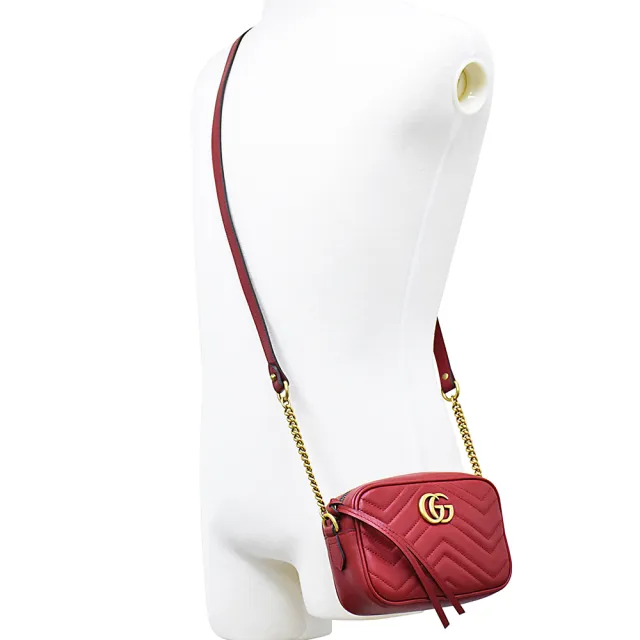 【GUCCI 古馳】Marmont系列雙G復古金屬LOGO Mini Chain牛皮W字紋拉鍊斜背包(迷你/芙蓉紅)