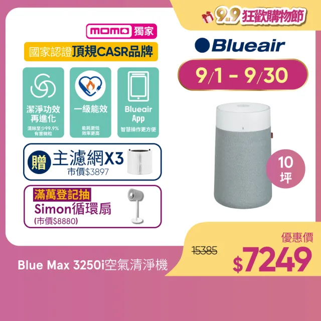 【Blueair】抗PM2.5過敏原 Blue Max 3250i空氣清淨機 10坪+3250i主濾網(微粒+活性碳片)