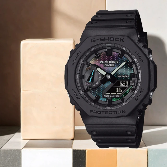 CASIO 卡西歐 G-SHOCK 彩色磚牆系列 八角雙顯手錶 學生錶(GA-2100RW-1A)