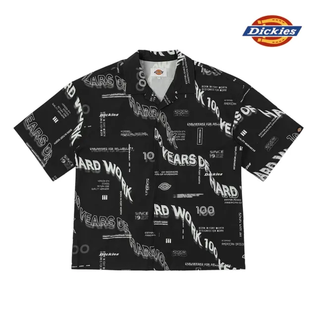 【Dickies】男款黑色純棉100週年滿版印花寬鬆短袖襯衫｜DK011239E70