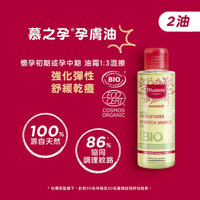 【Mustela 慕之恬廊】momo獨家 慕之孕 孕期好神組(孕膚霜加大250ml+孕膚油105ml+撫紋菁萃45ml 1霜2油3撫紋)