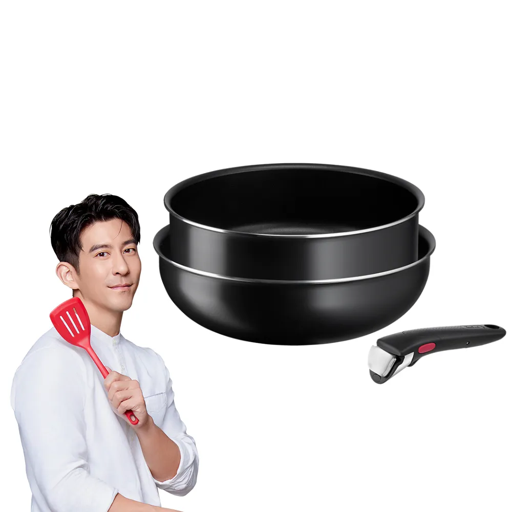 【Tefal 特福】MOMO獨家 法國製巧變精靈系列可拆式不沾鍋2鍋3件組-沉靜黑(26炒鍋+24深煎鍋+可拆把手)