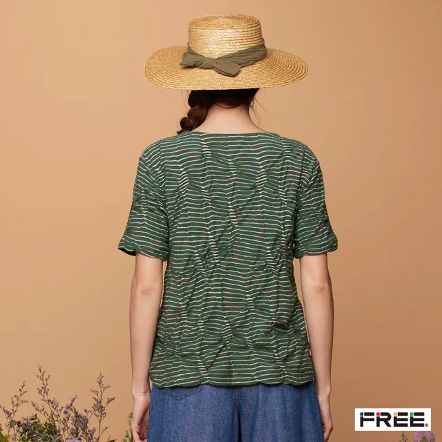 【FREE】純棉暈染浪紋緹花小船領上衣(綠色)
