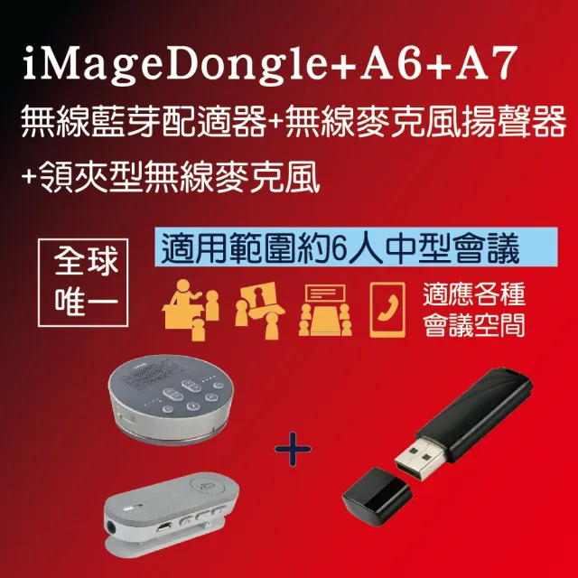 【iMage A6+Dongle+A7】USB/藍芽無線麥克風會議揚聲器+Dongle+領夾麥克風