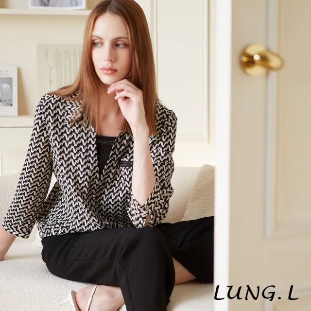 【LUNG.L 林佳樺】LQ28A黑色滿版N字母印花假兩件七分袖女裝上衣(秋冬新品)