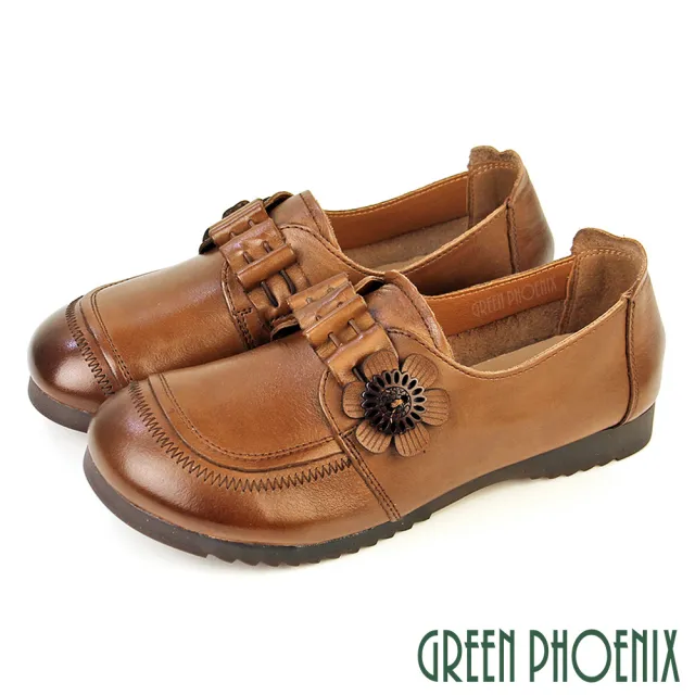 【GREEN PHOENIX 波兒德】女鞋 休閒鞋 便鞋 娃娃鞋 媽媽鞋 平底鞋 全真皮 柔軟(棕色、黑色)