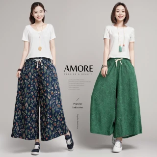 【Amore】 韓國人氣花紋棉麻寬長褲裙5色(顯高顯瘦質感新上市)