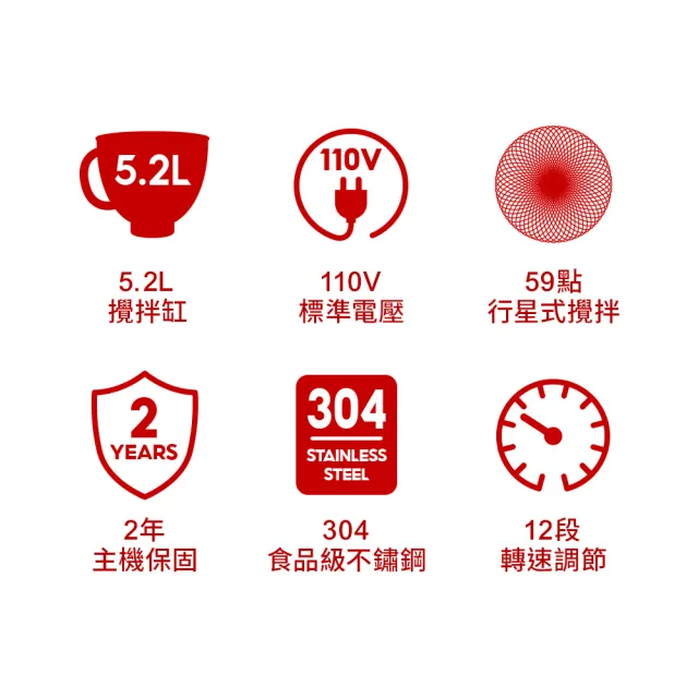 【Cuisinart 美膳雅】12段速5.2L桌上型抬頭式攪拌機-經典時尚紅(SM-50RTW)