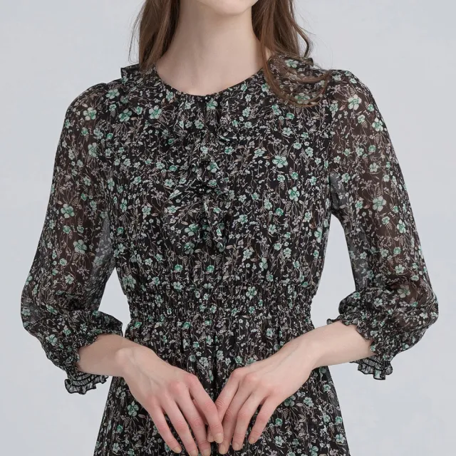 【ILEY 伊蕾】荷葉造型雪紡長洋裝(黑；M-XL；1243027424)