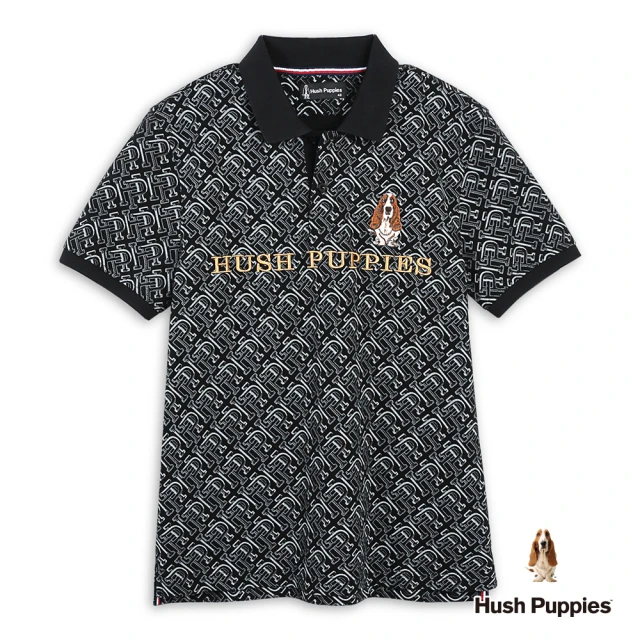 Hush Puppies 男裝 POLO衫 滿版HP刺繡狗短袖POLO衫(黑色 / 44101203)