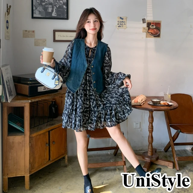 UniStyle 2件式牛仔背心碎花長袖洋裝 韓系復古減齡 女 ZM297-878(套裝)