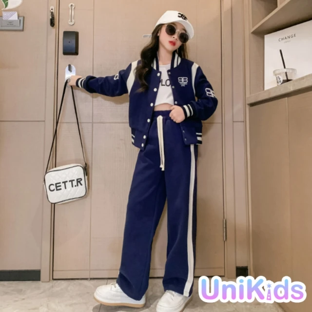 UniKids 中大童2件套裝長袖棒球服外套闊腿運動長褲 女大童裝 CVXC715(藏青春秋)