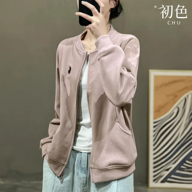 【初色】簡約風純色絨面刺繡口袋拉鍊長袖夾克外套女外套-共3色-37642(M-2XL可選)