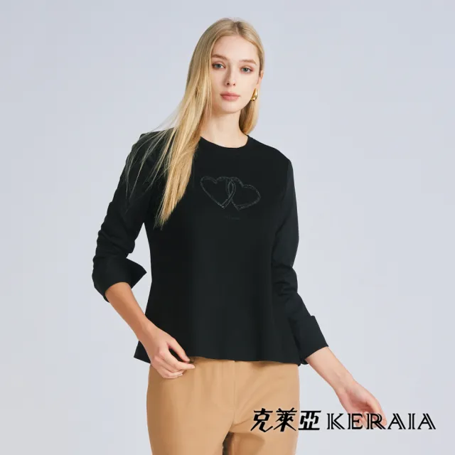 【KERAIA 克萊亞】心心相印百搭燙鑽圓領上衣(兩色;M-XXL)