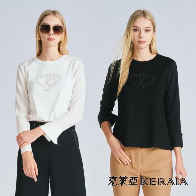 【KERAIA 克萊亞】心心相印百搭燙鑽圓領上衣(兩色;M-XXL)