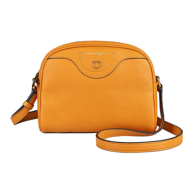 【Salvatore Ferragamo】SALVATORE FERRAGAMO GANCINI燙金草寫LOGO拉鍊小牛皮斜背貝殼包(橘)