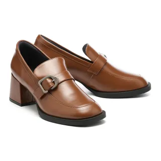 【MISS 21】經典學院風LOGO釦純色牛油皮方頭樂福高跟鞋(咖)