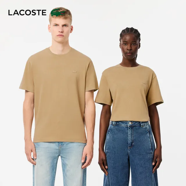 【LACOSTE】中性款-水洗棉平紋針織短袖T恤(卡其色)