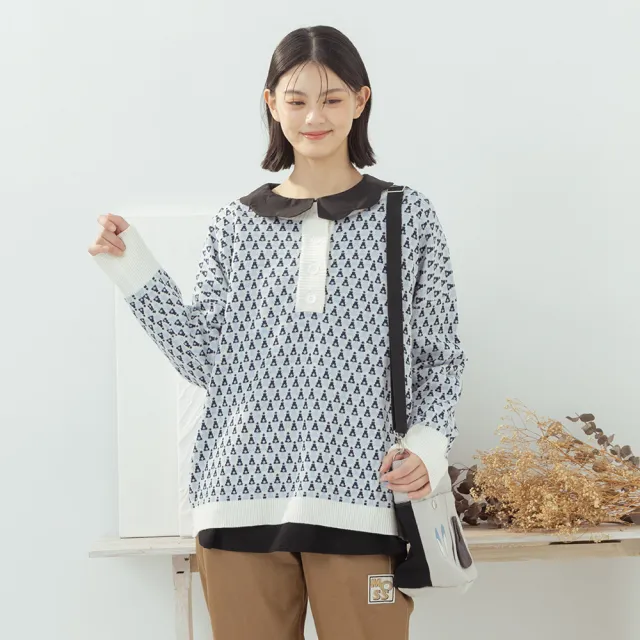 【MOSS CLUB】復古幾何圖騰半開襟長袖針織上衣(藍 駝/魅力商品)