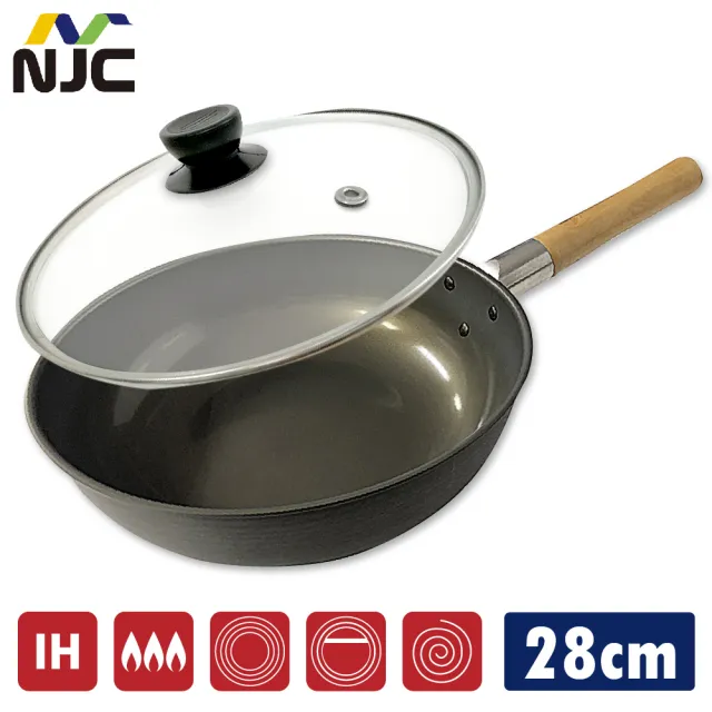 【日本NJC】韓國製 木握把極深萬用超耐刮炒鍋 28cm +玻璃鍋蓋 超值2件組(耐熱強化玻璃鍋蓋)