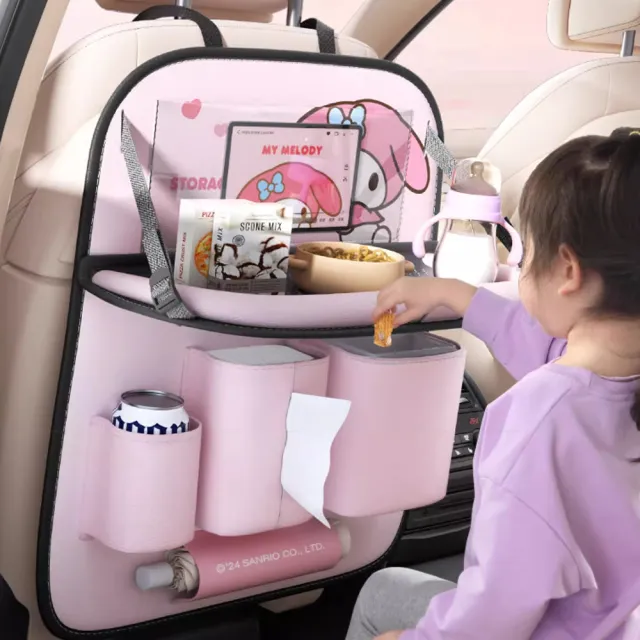 【SANRIO 三麗鷗】美樂蒂大耳狗汽車椅背收納袋車用餐桌 車用置物袋單入(椅背餐盤 後座置物架 車用收納)