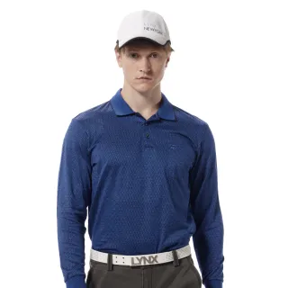 【Lynx Golf】男款歐洲進口布料純棉絲光藍黑小菱格紋路胸袋款長袖POLO衫(深藍色)