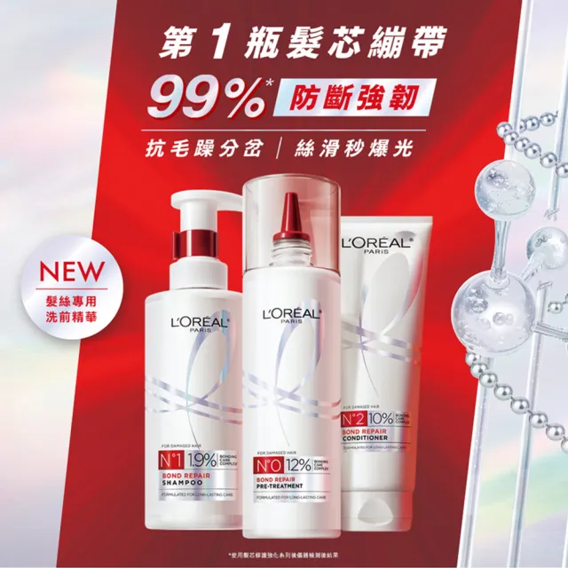 【LOREAL Paris 巴黎萊雅】髮芯修護強化1+1組_洗髮精+護髮素(女大專業髮型師推薦/髮芯繃帶/修護)