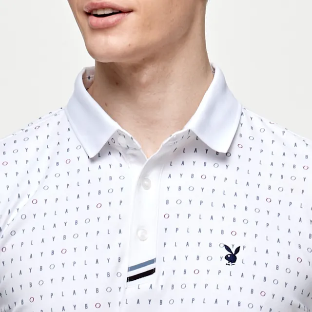 【PLAYBOY GOLF】男款滿版文字蓄熱保暖高爾夫長袖POLO衫-白(吸濕排汗/GOLF/高爾夫球衫/AA24207-87)