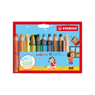 【STABILO】思筆樂 Woody 3合1多用途水彩粉蠟筆 10色附專用削筆器 / 組 880/10-2