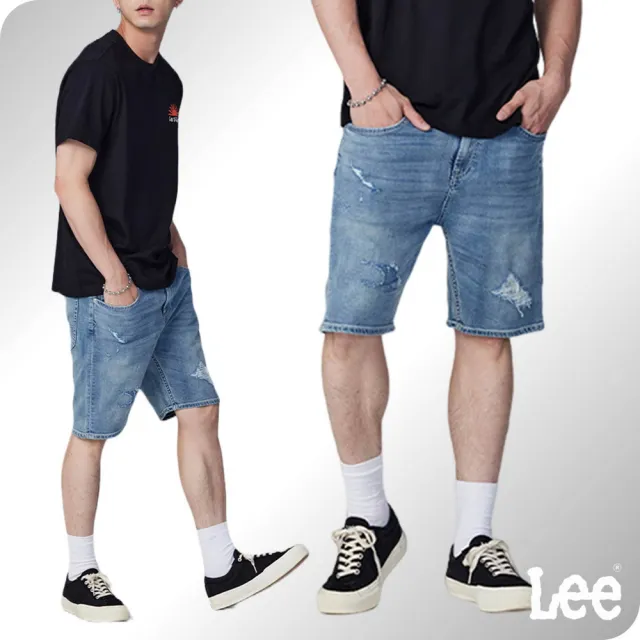 【Lee】男裝 牛仔短褲 / 涼感 901 合身彈性刷破 中淺藍洗水 / Jade Fusion 系列(LB322001480)