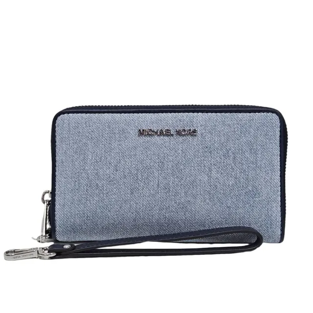 【Michael Kors】MK銀字LOGO牛仔8卡拉鍊手拿長夾(贈原廠紙袋紙盒送禮)