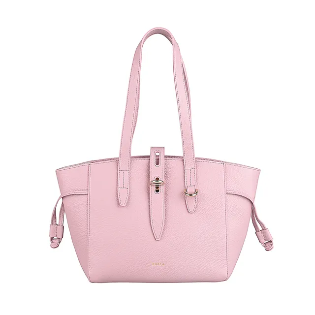 【FURLA 芙拉】FURLA NET燙金LOGO璇扣設計小牛皮拉鍊肩背托特包(寶寶粉)