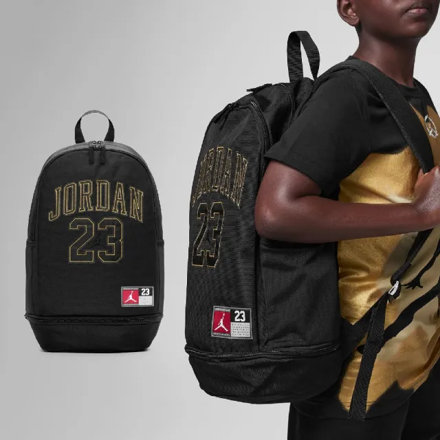 【NIKE 耐吉】後背包 Jordan Backpack 黑 金 15吋筆電包 雙肩背 水瓶側袋 多夾層 書包(JD2443007AD-001)