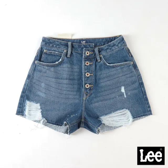 【Lee】出清品-女裝 牛仔短褲 / 高腰 排釦刷破 中藍洗水 / 101+ 系列(LL220149280)