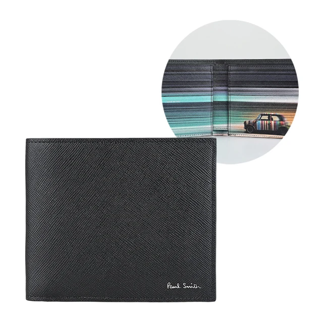 Paul Smith PAUL SMITH銀色草寫LOGO十字紋防刮牛皮設計8卡對折短夾(黑x模糊Mini車)