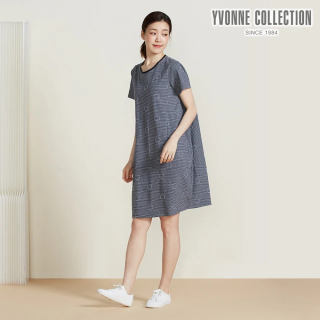 YVONNE 以旺傢飾 圈圈提花條紋短袖洋裝-深丈青