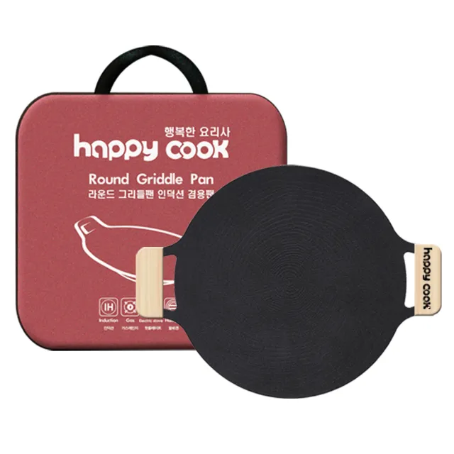 【happy cook】韓國製 IH款大理石不沾烤盤38cm 旗艦全配組 烤盤+木把手+提袋(韓國烤盤 中秋節 烤肉)