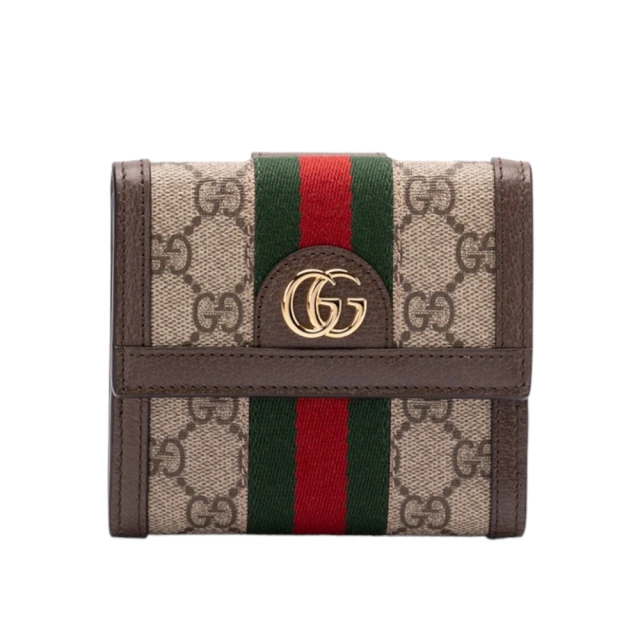 GUCCI 古馳 Ophidia French Flap 法式翻蓋 帆布 牛皮飾邊 零錢包 卡夾 短夾 米色 烏木色 523173