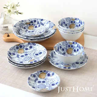 【Just Home】日本製貓頭鷹陶瓷12件碗盤餐具組(日本製 碗 盤 湯盤 餐具)