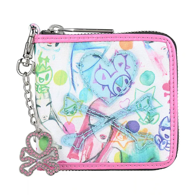 【TOKIDOKI】TOKIDOKI 藍色透明LOGO日系塗鴉圖案尼龍對折拉鍊短夾(粉紅x彩)