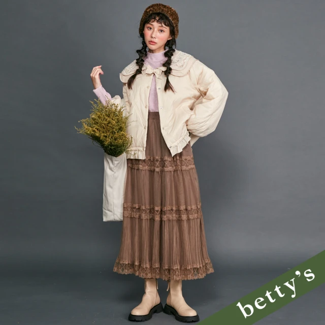 betty’s 貝蒂思 腰鬆緊蕾絲拼接百褶紗裙(咖啡)