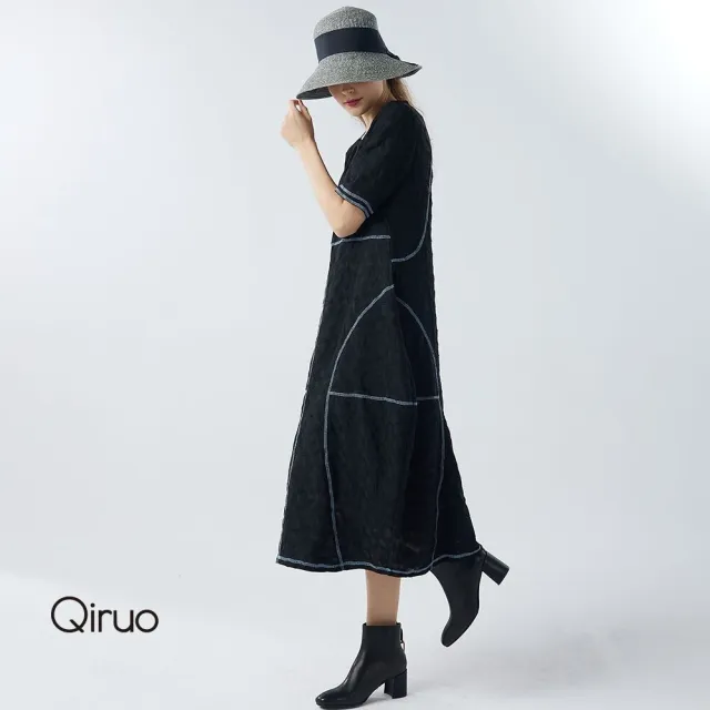 【Qiruo 奇若名品】特殊泡泡布料 拼接車縫黑色洋裝6003F 